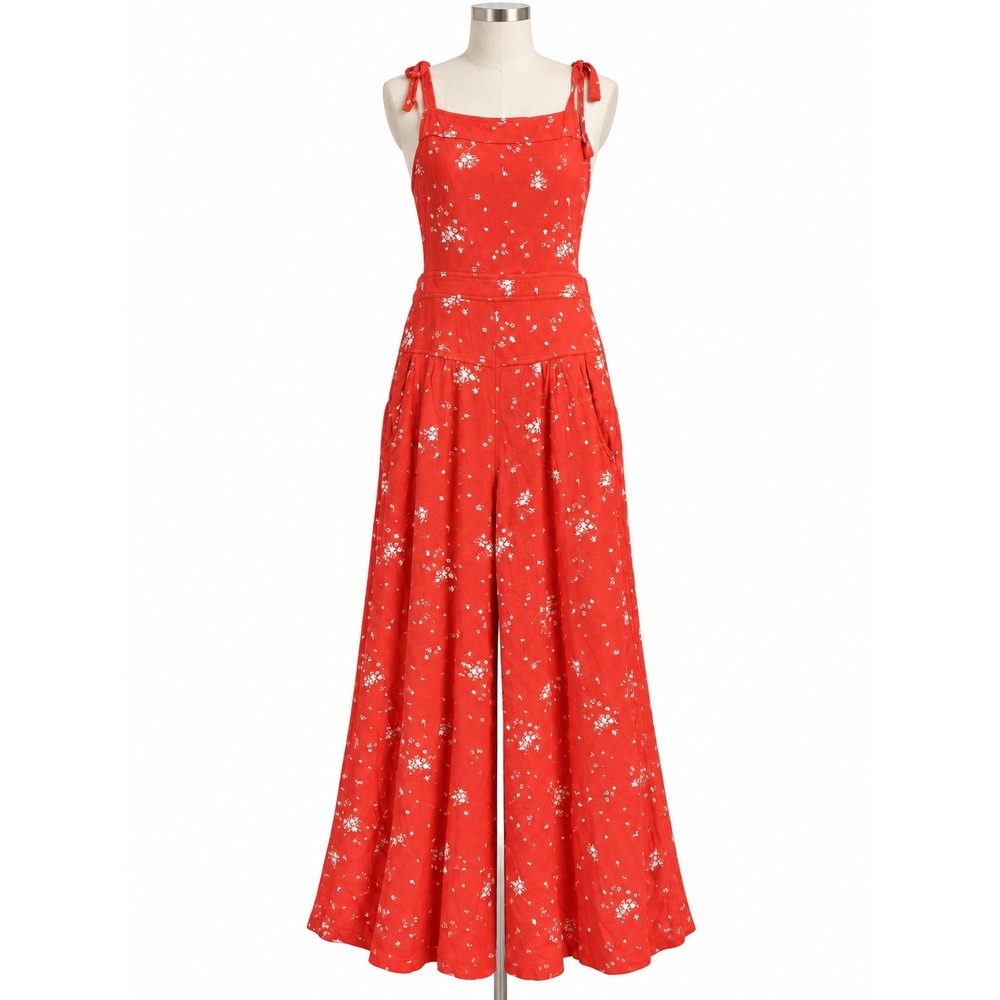 Free People Red Floral Wide Leg Jumpsuit Tie Strap XS